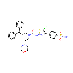 NS(=O)(=O)c1ccc(-c2nc(NC(=O)N(CCC(c3ccccc3)c3ccccc3)CCN3CCOCC3)sc2Cl)cc1 ZINC000150599769