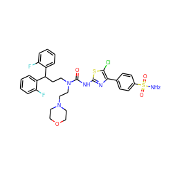 NS(=O)(=O)c1ccc(-c2nc(NC(=O)N(CCC(c3ccccc3F)c3ccccc3F)CCN3CCOCC3)sc2Cl)cc1 ZINC000150599777