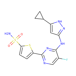 NS(=O)(=O)c1ccc(-c2ncc(F)c(Nc3cc(C4CC4)[nH]n3)n2)s1 ZINC000115371196