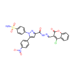 NS(=O)(=O)c1ccc(-n2nc(C(=O)N/N=C/c3c(Cl)c4ccccc4oc3=O)cc2-c2ccc([N+](=O)[O-])cc2)cc1 ZINC000653905265