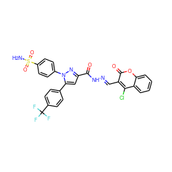 NS(=O)(=O)c1ccc(-n2nc(C(=O)N/N=C/c3c(Cl)c4ccccc4oc3=O)cc2-c2ccc(C(F)(F)F)cc2)cc1 ZINC000653905127