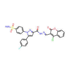 NS(=O)(=O)c1ccc(-n2nc(C(=O)N/N=C/c3c(Cl)c4ccccc4oc3=O)cc2-c2ccc(F)cc2)cc1 ZINC000653887139