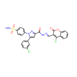 NS(=O)(=O)c1ccc(-n2nc(C(=O)N/N=C/c3c(Cl)c4ccccc4oc3=O)cc2-c2cccc(Cl)c2)cc1 ZINC000653887039