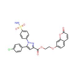 NS(=O)(=O)c1ccc(-n2nc(C(=O)OCCOc3ccc4ccc(=O)oc4c3)cc2-c2ccc(Cl)cc2)cc1 ZINC001772611640