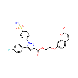 NS(=O)(=O)c1ccc(-n2nc(C(=O)OCCOc3ccc4ccc(=O)oc4c3)cc2-c2ccc(F)cc2)cc1 ZINC001772581295