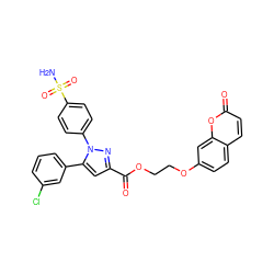 NS(=O)(=O)c1ccc(-n2nc(C(=O)OCCOc3ccc4ccc(=O)oc4c3)cc2-c2cccc(Cl)c2)cc1 ZINC001772632810