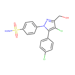 NS(=O)(=O)c1ccc(-n2nc(CO)c(Cl)c2-c2ccc(Cl)cc2)cc1 ZINC000003814712