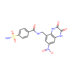 NS(=O)(=O)c1ccc(C(=O)NCc2cc([N+](=O)[O-])cc3[nH]c(=O)c(=O)[nH]c23)cc1 ZINC000027555051