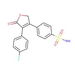 NS(=O)(=O)c1ccc(C2=C(c3ccc(F)cc3)C(=O)OC2)cc1 ZINC000029473296