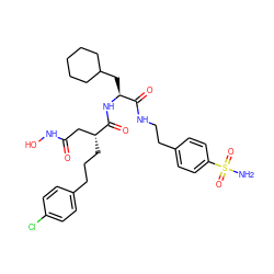 NS(=O)(=O)c1ccc(CCNC(=O)[C@H](CC2CCCCC2)NC(=O)[C@H](CCCc2ccc(Cl)cc2)CC(=O)NO)cc1 ZINC000026664817