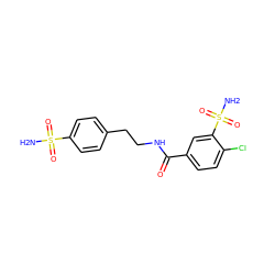 NS(=O)(=O)c1ccc(CCNC(=O)c2ccc(Cl)c(S(N)(=O)=O)c2)cc1 ZINC000003450635