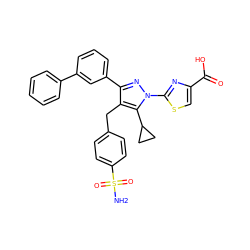 NS(=O)(=O)c1ccc(Cc2c(-c3cccc(-c4ccccc4)c3)nn(-c3nc(C(=O)O)cs3)c2C2CC2)cc1 ZINC001772588008