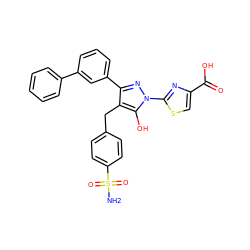 NS(=O)(=O)c1ccc(Cc2c(-c3cccc(-c4ccccc4)c3)nn(-c3nc(C(=O)O)cs3)c2O)cc1 ZINC001772615892