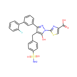 NS(=O)(=O)c1ccc(Cc2c(-c3cccc(-c4ccccc4F)c3)nn(-c3nc(C(=O)O)cs3)c2O)cc1 ZINC001772587951