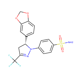 NS(=O)(=O)c1ccc(N2N=C(C(F)(F)F)C[C@@H]2c2ccc3c(c2)OCO3)cc1 ZINC000299839386