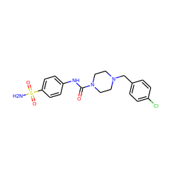 NS(=O)(=O)c1ccc(NC(=O)N2CCN(Cc3ccc(Cl)cc3)CC2)cc1 ZINC000018175591