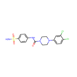 NS(=O)(=O)c1ccc(NC(=O)N2CCN(c3ccc(Cl)c(Cl)c3)CC2)cc1 ZINC000473082748