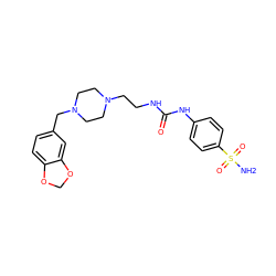 NS(=O)(=O)c1ccc(NC(=O)NCCN2CCN(Cc3ccc4c(c3)OCO4)CC2)cc1 ZINC001772647904