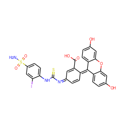 NS(=O)(=O)c1ccc(NC(=S)/N=C2/C=CC(=C3c4ccc(O)cc4Oc4cc(O)ccc43)C(C(=O)O)=C2)c(I)c1 ZINC000028461441