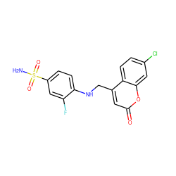 NS(=O)(=O)c1ccc(NCc2cc(=O)oc3cc(Cl)ccc23)c(F)c1 ZINC000027737136