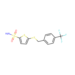 NS(=O)(=O)c1ccc(SCc2ccc(C(F)(F)F)cc2)s1 ZINC001772600975