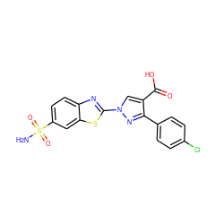 NS(=O)(=O)c1ccc2nc(-n3cc(C(=O)O)c(-c4ccc(Cl)cc4)n3)sc2c1 ZINC000299827385