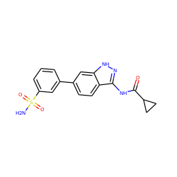 NS(=O)(=O)c1cccc(-c2ccc3c(NC(=O)C4CC4)n[nH]c3c2)c1 ZINC000013538589