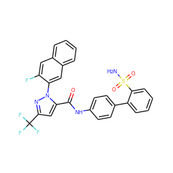 NS(=O)(=O)c1ccccc1-c1ccc(NC(=O)c2cc(C(F)(F)F)nn2-c2cc3ccccc3cc2F)cc1 ZINC000029402437