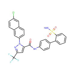 NS(=O)(=O)c1ccccc1-c1ccc(NC(=O)c2cc(C(F)(F)F)nn2-c2ccc3cc(Cl)ccc3c2)cc1 ZINC000029388901