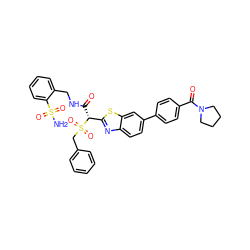 NS(=O)(=O)c1ccccc1CNC(=O)[C@H](c1nc2ccc(-c3ccc(C(=O)N4CCCC4)cc3)cc2s1)S(=O)(=O)Cc1ccccc1 ZINC000222077540