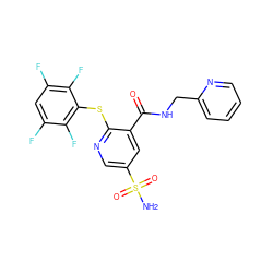 NS(=O)(=O)c1cnc(Sc2c(F)c(F)cc(F)c2F)c(C(=O)NCc2ccccn2)c1 ZINC000049088375