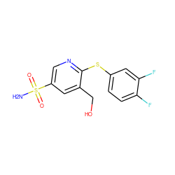 NS(=O)(=O)c1cnc(Sc2ccc(F)c(F)c2)c(CO)c1 ZINC000049089445