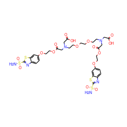 NS(=O)(=O)c1nc2ccc(OCCOC(=O)CN(CCOCCOCCN(CC(=O)O)CC(=O)OCCOc3ccc4nc(S(N)(=O)=O)sc4c3)CC(=O)O)cc2s1 ZINC000169305222