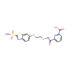 NS(=O)(=O)c1nc2ccc(OCCONC(=O)c3cccc(C(=O)O)n3)cc2s1 ZINC000026578839