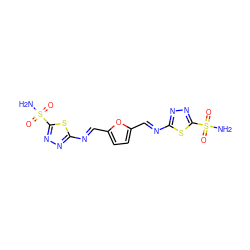 NS(=O)(=O)c1nnc(/N=C/c2ccc(/C=N/c3nnc(S(N)(=O)=O)s3)o2)s1 ZINC001772650274