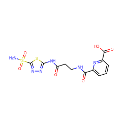 NS(=O)(=O)c1nnc(NC(=O)CCNC(=O)c2cccc(C(=O)O)n2)s1 ZINC000013799140