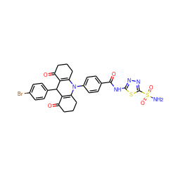 NS(=O)(=O)c1nnc(NC(=O)c2ccc(N3C4=C(C(=O)CCC4)C(c4ccc(Br)cc4)C4=C3CCCC4=O)cc2)s1 ZINC000653882106