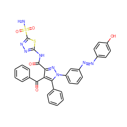 NS(=O)(=O)c1nnc(NC(=O)c2nn(-c3cccc(/N=N/c4ccc(O)cc4)c3)c(-c3ccccc3)c2C(=O)c2ccccc2)s1 ZINC000049899403