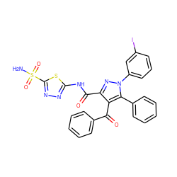 NS(=O)(=O)c1nnc(NC(=O)c2nn(-c3cccc(I)c3)c(-c3ccccc3)c2C(=O)c2ccccc2)s1 ZINC000049899640