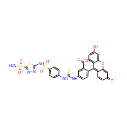 NS(=O)(=O)c1nnc(NS(=O)(=O)c2ccc(NC(=S)Nc3ccc(-c4c5ccc(=O)cc-5oc5cc(O)ccc45)c(C(=O)O)c3)cc2)s1 ZINC000095612361