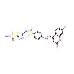 NS(=O)(=O)c1nnc(NS(=O)(=O)c2ccc(NCc3cc(=O)oc4cc(Cl)ccc34)cc2)s1 ZINC000003924022