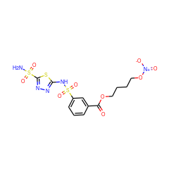 NS(=O)(=O)c1nnc(NS(=O)(=O)c2cccc(C(=O)OCCCCO[N+](=O)[O-])c2)s1 ZINC000066166852