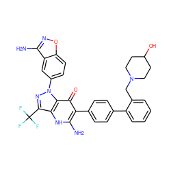 Nc1[nH]c2c(C(F)(F)F)nn(-c3ccc4onc(N)c4c3)c2c(=O)c1-c1ccc(-c2ccccc2CN2CCC(O)CC2)cc1 ZINC000014951313