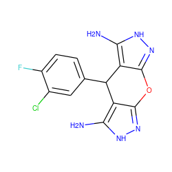 Nc1[nH]nc2c1C(c1ccc(F)c(Cl)c1)c1c(n[nH]c1N)O2 ZINC001772580930