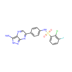 Nc1[nH]nc2nc(-c3ccc(NS(=O)(=O)c4cccc(F)c4Cl)cc3)cnc12 ZINC000221168289