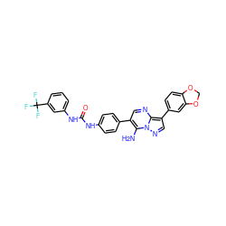 Nc1c(-c2ccc(NC(=O)Nc3cccc(C(F)(F)F)c3)cc2)cnc2c(-c3ccc4c(c3)OCO4)cnn12 ZINC000063539802