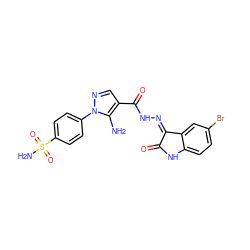 Nc1c(C(=O)NN=C2C(=O)Nc3ccc(Br)cc32)cnn1-c1ccc(S(N)(=O)=O)cc1 ZINC000473160641