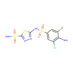 Nc1c(Cl)cc(S(=O)(=O)Nc2nnc(S(N)(=O)=O)s2)cc1Br ZINC000013520213