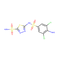 Nc1c(Cl)cc(S(=O)(=O)Nc2nnc(S(N)(=O)=O)s2)cc1Cl ZINC000013520209