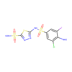 Nc1c(Cl)cc(S(=O)(=O)Nc2nnc(S(N)(=O)=O)s2)cc1I ZINC000013520217